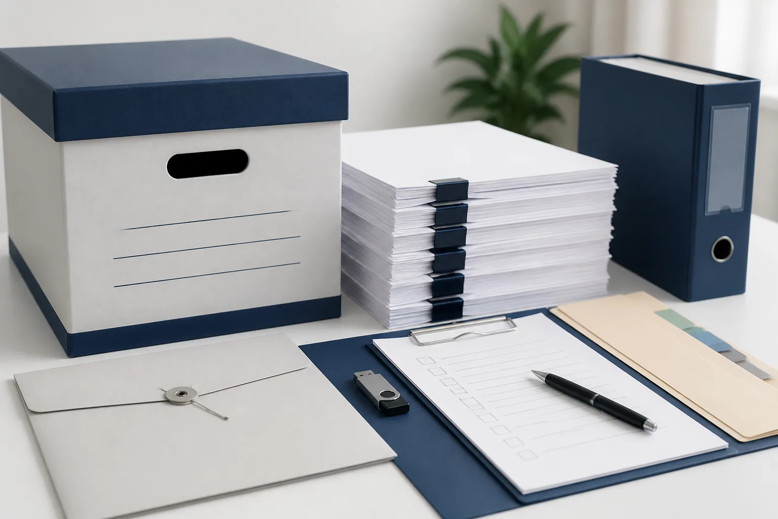 Completed archive turnover package with box, indexed documents, folders, checklist, and USB drive