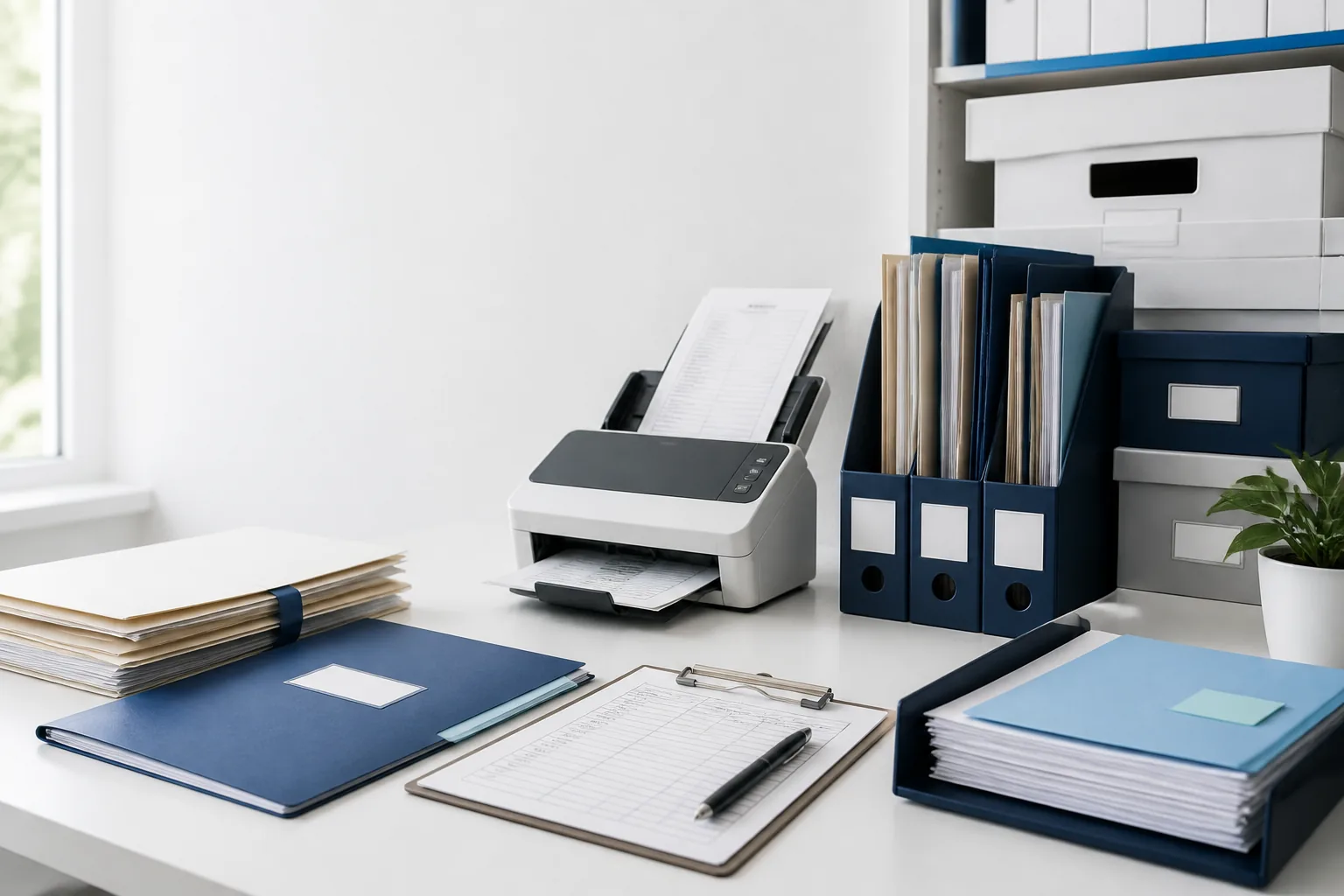 Organized business records desk with scanner, folders, archive boxes, and custody log